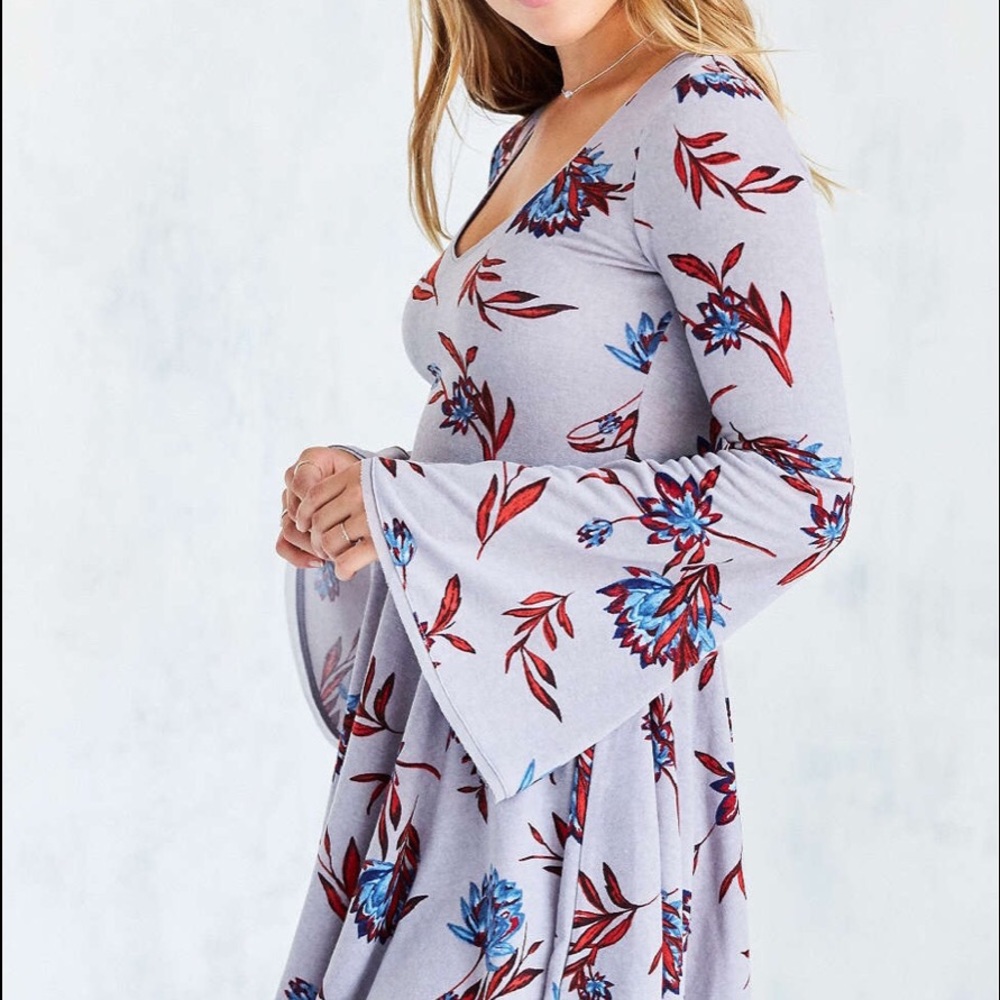 Ecote Lilac Floral Bell Sleeve Babydoll Mini Dress XS Fall Witchy Boho